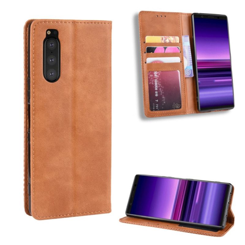 Læder Cover Sony Xperia 5 Sort Stiliseret Vintage Lædereffekt