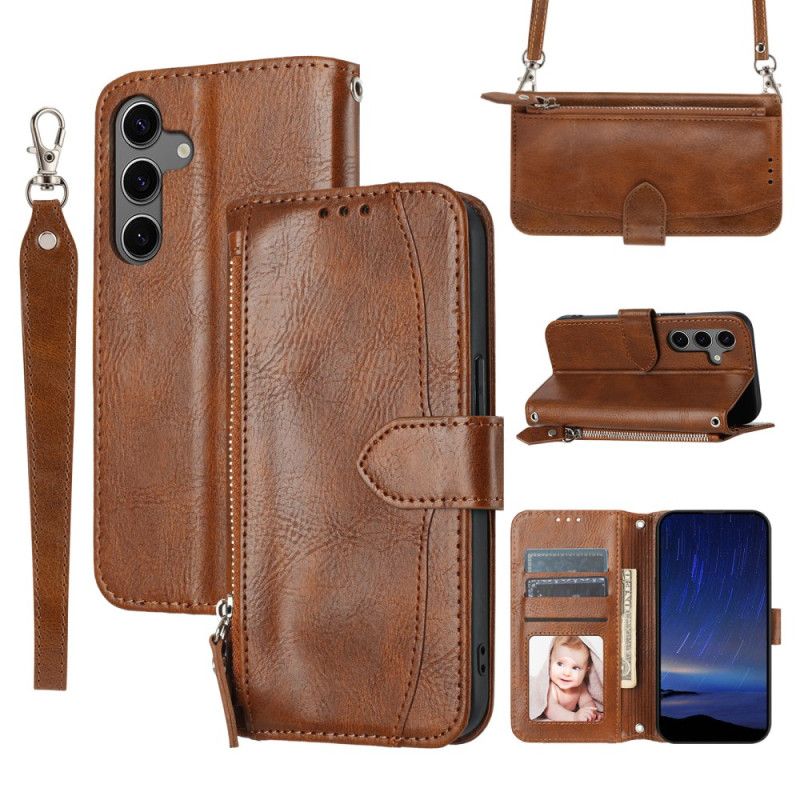 Flip Cover Til Samsung Galaxy S25 5g Lomme Med Lynlås Rem Og Skulderrem