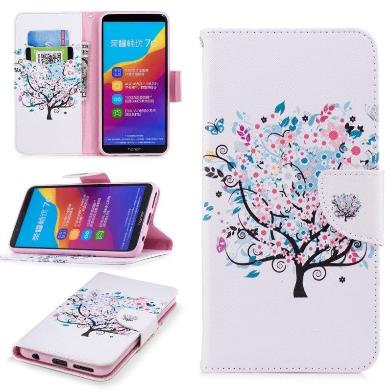 Flip Cover Læder Huawei Y7 2018 Blomstret Træ Beskyttelse