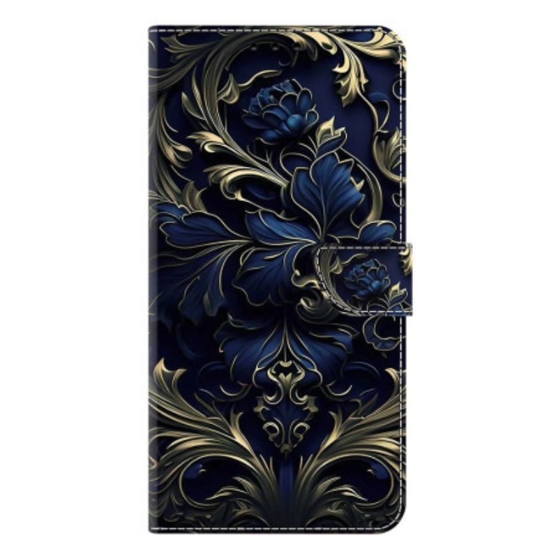 Læder Cover Samsung Galaxy S25 Plus 5g Telefon Etui Metallisk Blå Blomst