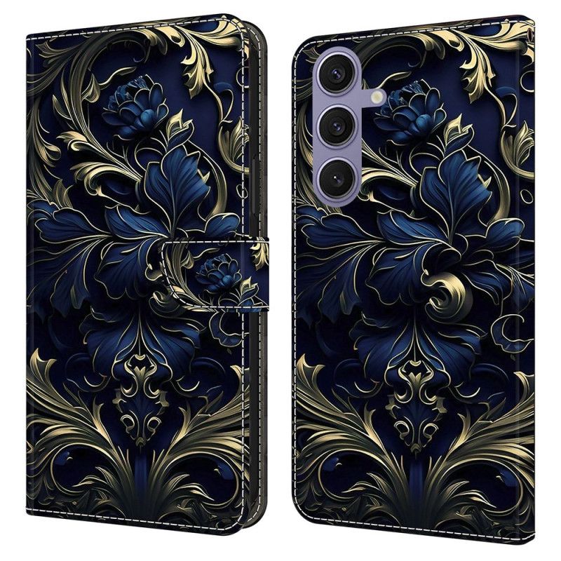 Læder Cover Samsung Galaxy S25 Plus 5g Telefon Etui Metallisk Blå Blomst