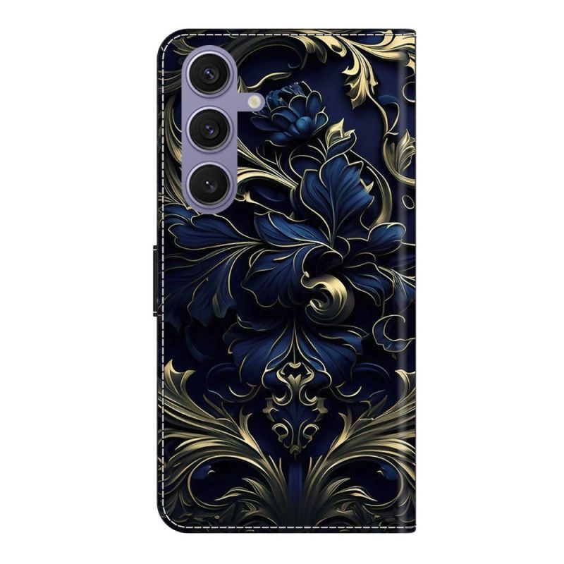 Læder Cover Samsung Galaxy S25 Plus 5g Telefon Etui Metallisk Blå Blomst