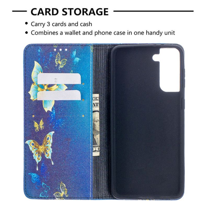 Læder Cover Samsung Galaxy S21 Plus 5G Farverige Sommerfugle