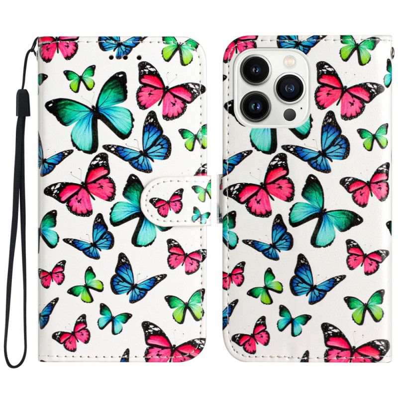 Læder Cover iPhone 16 Pro Telefon Etui Farverige Sommerfugle Med Rem