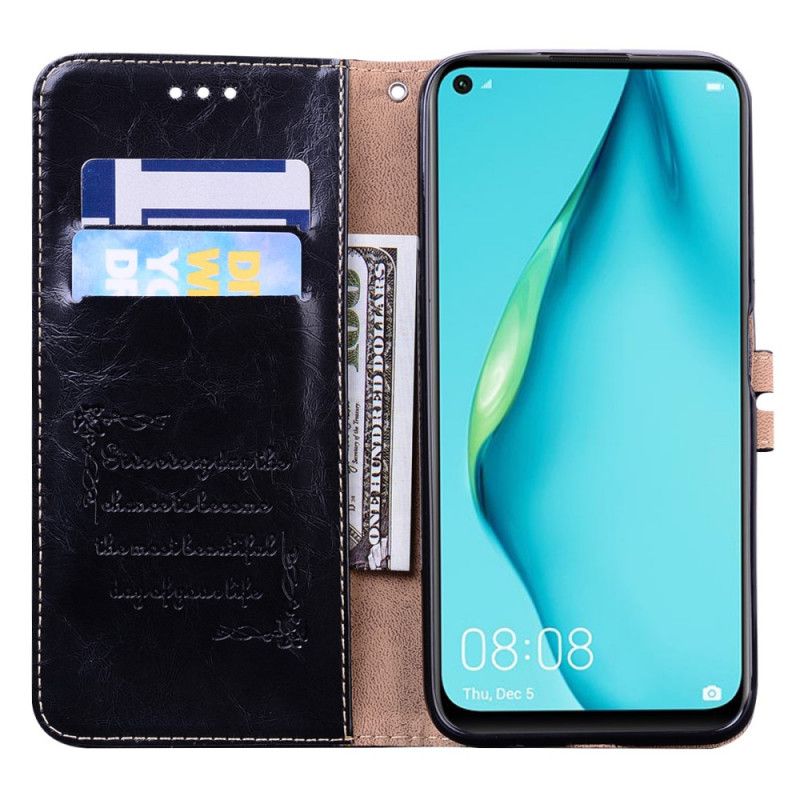 Flip Cover Huawei P40 Lite Mørkeblå Vintage Lædereffekt Med Rem
