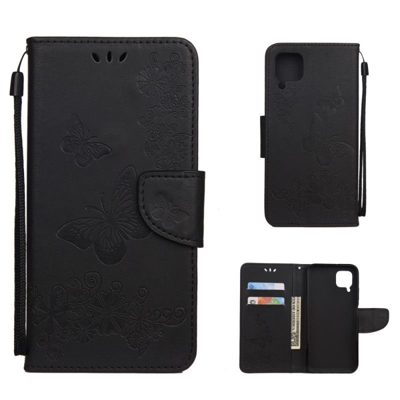 Flip Cover Huawei P40 Lite Sort Mobilcover Kun Sommerfugle Med Rem