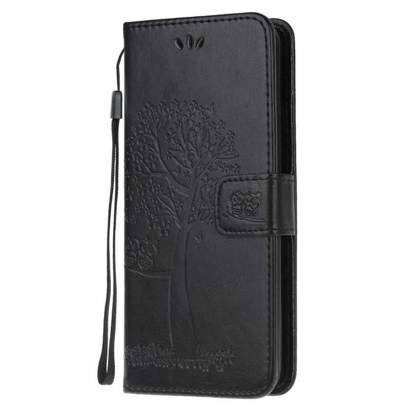 Flip Cover Huawei P40 Lite Sort Træ Og Ugler Med Rem