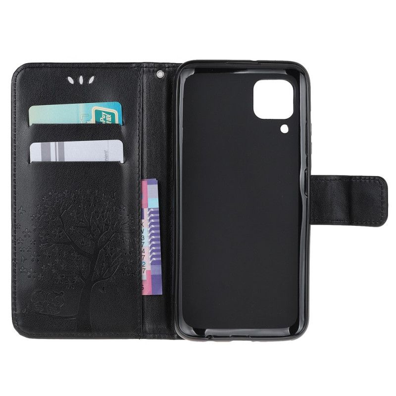 Flip Cover Huawei P40 Lite Sort Træ Og Ugler Med Rem