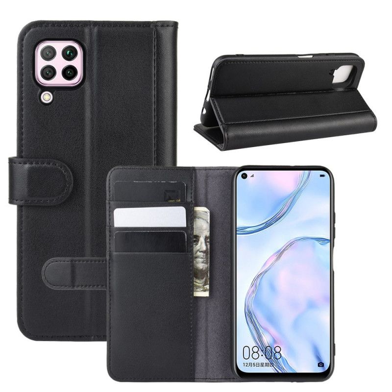 Flip Cover Læder for Huawei P40 Lite Sort Ægte Læder