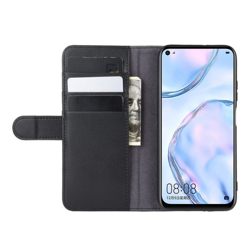 Flip Cover Læder for Huawei P40 Lite Sort Ægte Læder