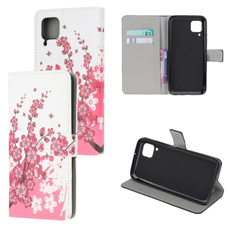 Flip Cover Læder Huawei P40 Lite Magenta Tropiske Blomster