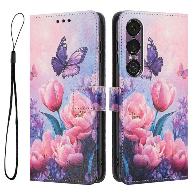 Flip Cover Til Sony Xperia 1 Vii Blomster- Og Sommerfuglemønster