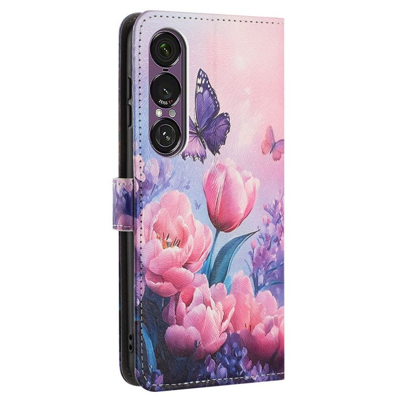 Flip Cover Til Sony Xperia 1 Vii Blomster- Og Sommerfuglemønster