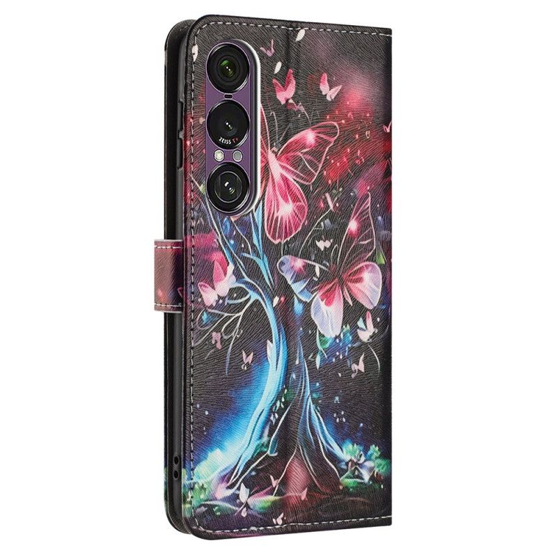 Læder Cover Sony Xperia 1 Vii Telefon Etui Sommerfugletræ