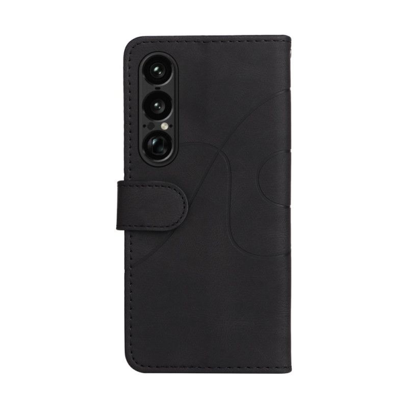 Læder Cover Sony Xperia 1 Vii Telefon Etui Tofarvet Bølget Linje