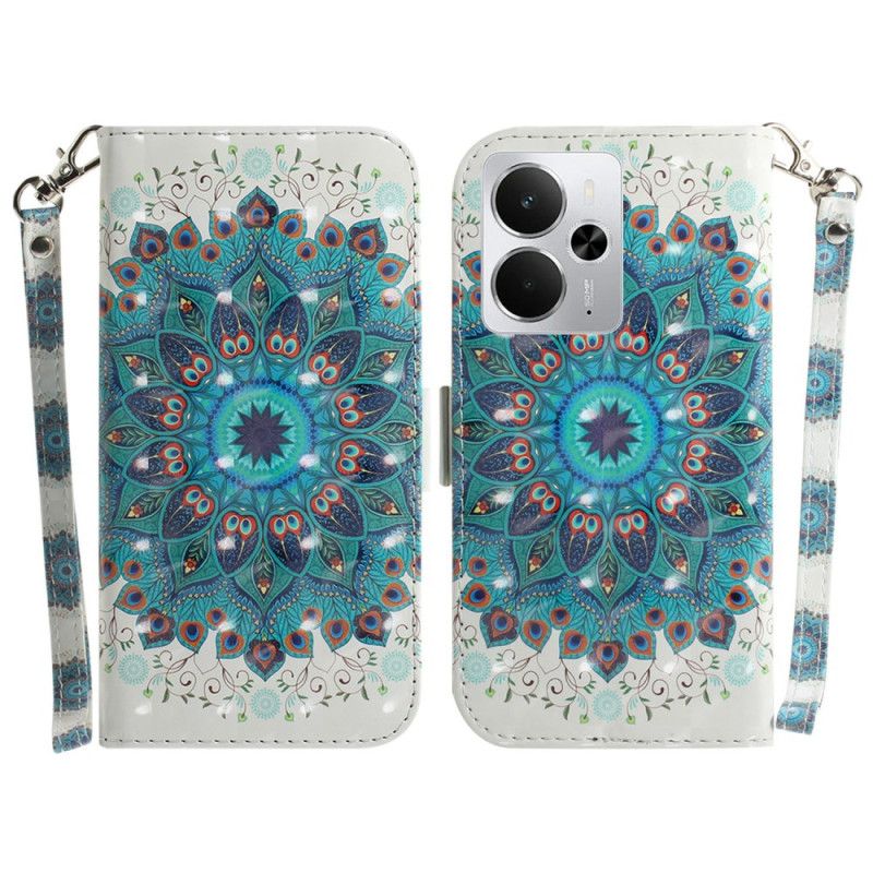 Læder Cover Realme 14 5g Telefon Etui Grøn Mandala Med Snor