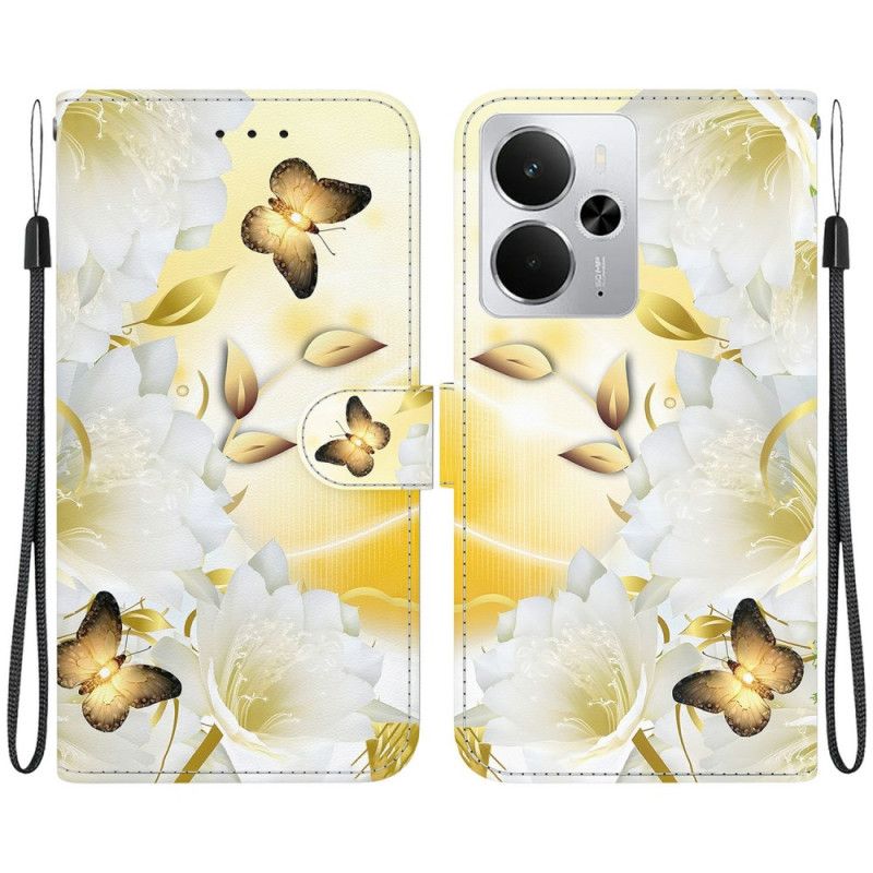 Læder Cover Realme 14 5g Telefon Etui Guld Sommerfugle Og Hvide Blomster
