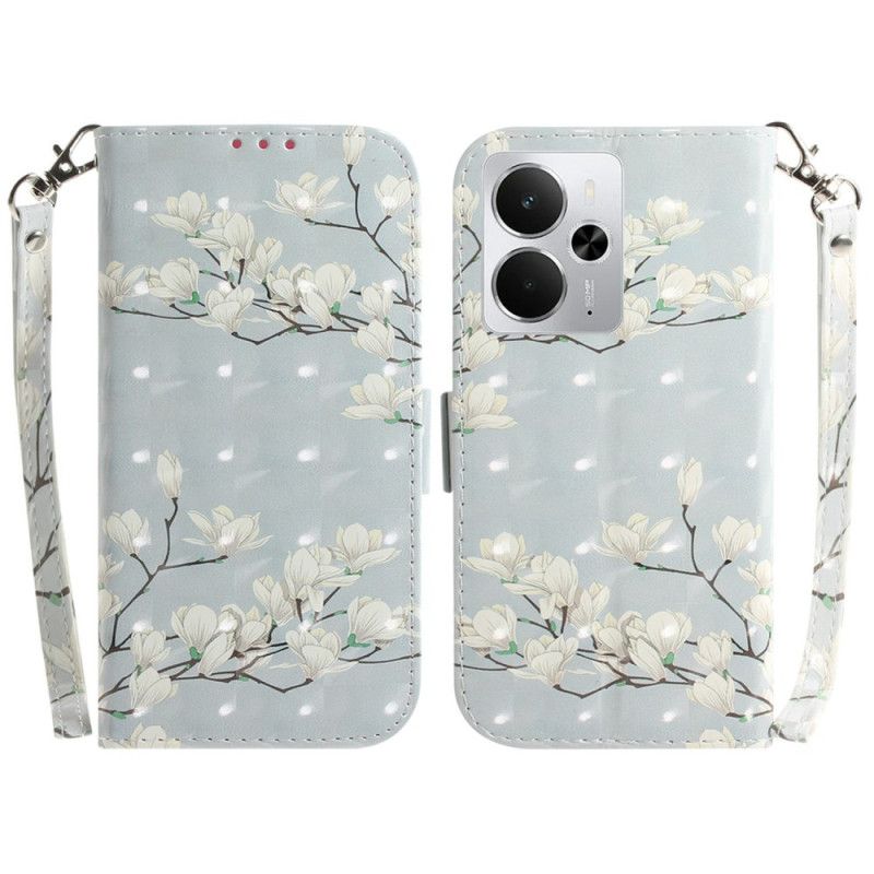 Læder Cover Realme 14 5g Telefon Etui Magnoliaer Med Snor