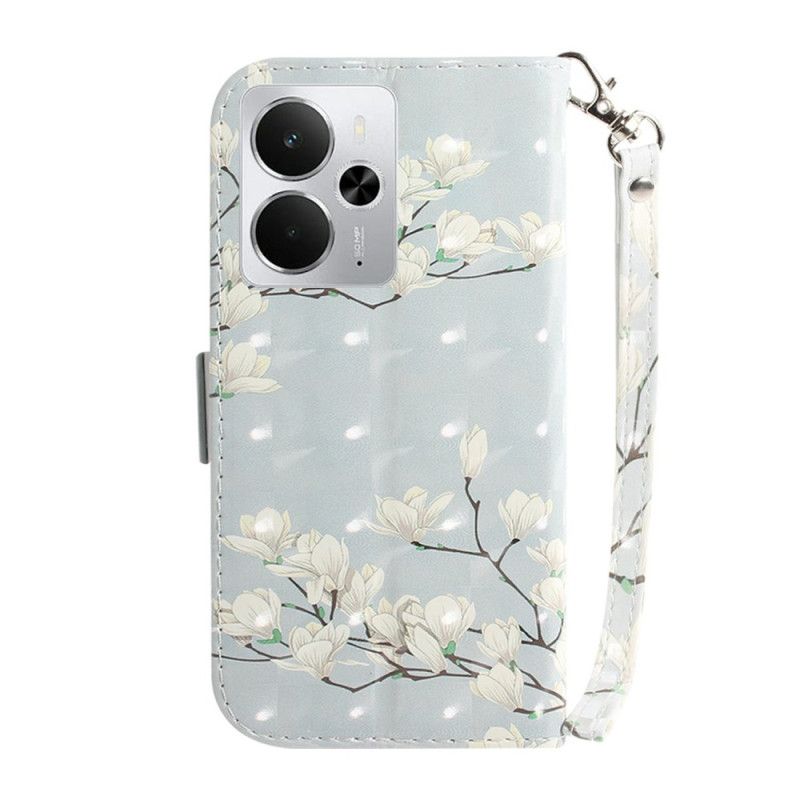 Læder Cover Realme 14 5g Telefon Etui Magnoliaer Med Snor