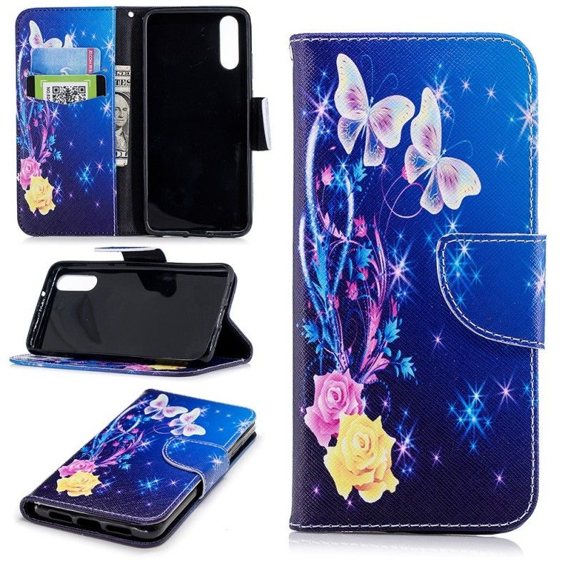 Flip Cover Læder for Huawei P20 Lyseblå Sommerfugle Om Natten