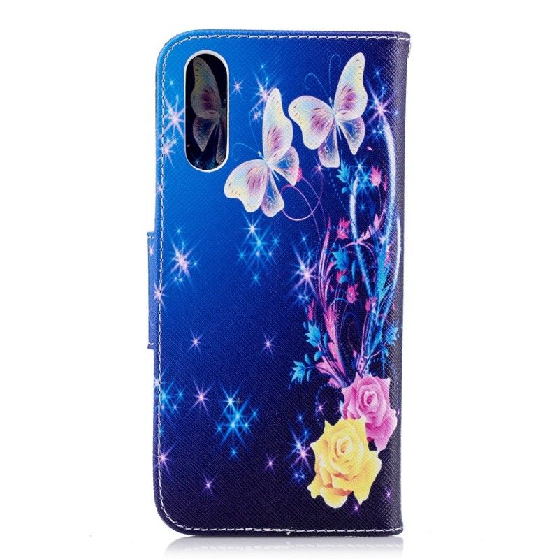 Flip Cover Læder for Huawei P20 Lyseblå Sommerfugle Om Natten