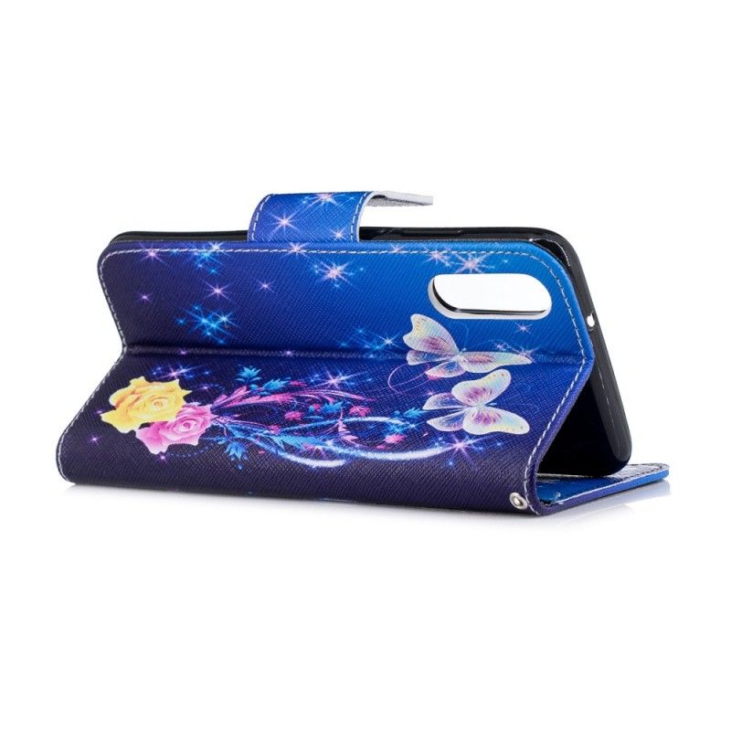 Flip Cover Læder for Huawei P20 Lyseblå Sommerfugle Om Natten