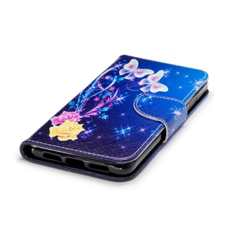 Flip Cover Læder for Huawei P20 Lyseblå Sommerfugle Om Natten