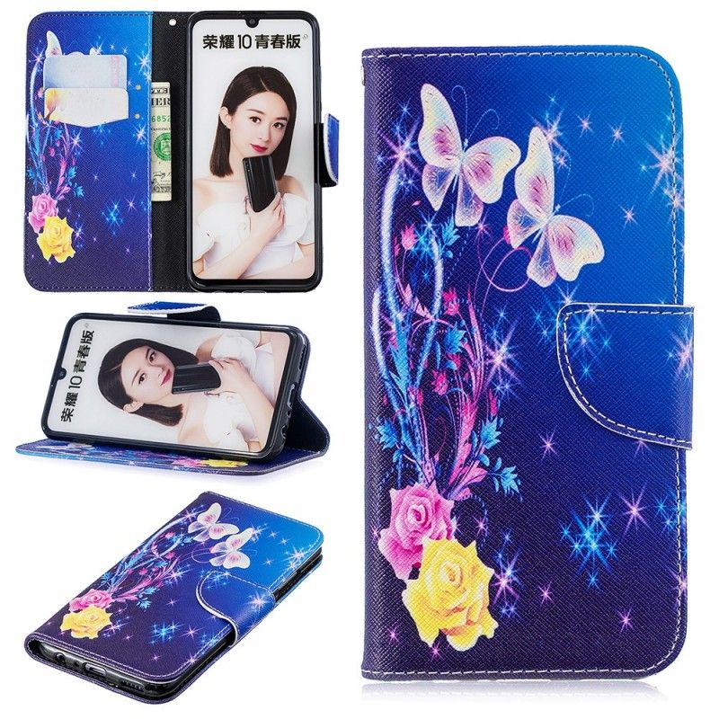 Flip Cover Læder Honor 10 Lite Pink Sommerfugle Om Natten Beskyttelse
