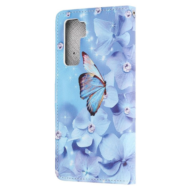 Flip Cover Huawei P40 Lite 5G Diamant Sommerfugle Med Rem