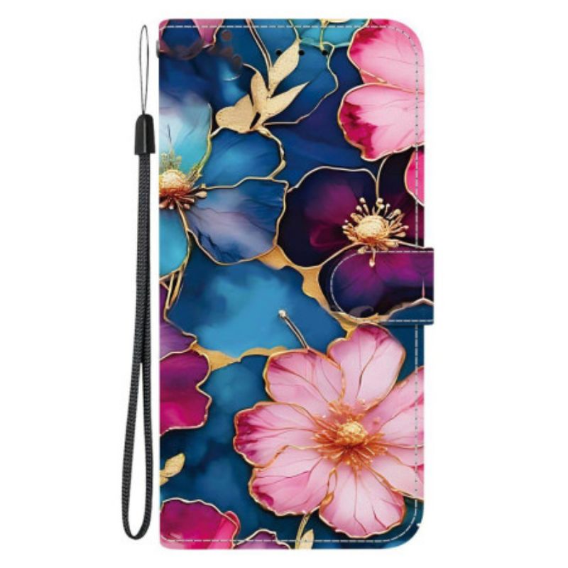 Flip Cover Til Xiaomi Redmi Note 15 5g Blå Og Guld Blomster
