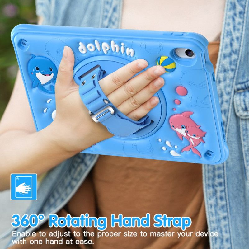 Cover iPad (2025) Roterende Stativ Med Delfin Og Rem Til Børn