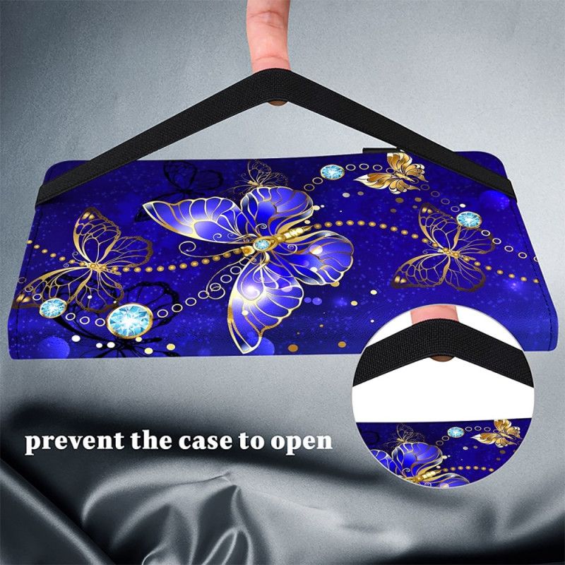 Etui iPad (2025) Blå Og Gyldne Sommerfugle