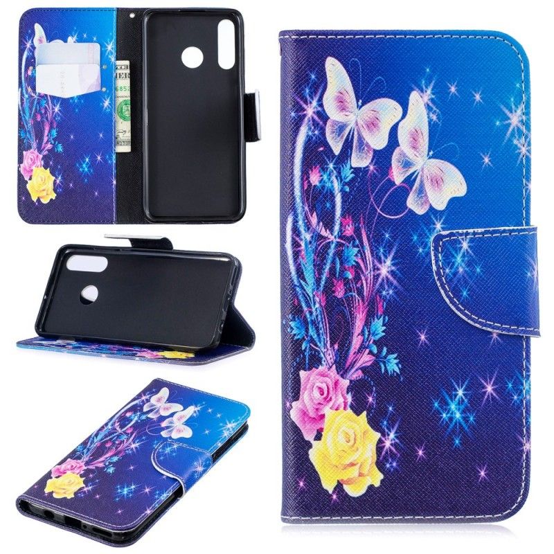 Flip Cover Huawei P30 Lite Magenta Mobilcover Sommerfugle Om Natten