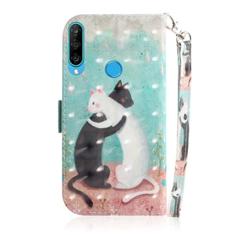 Flip Cover Læder for Huawei P30 Lite Kattevenner Med Rem