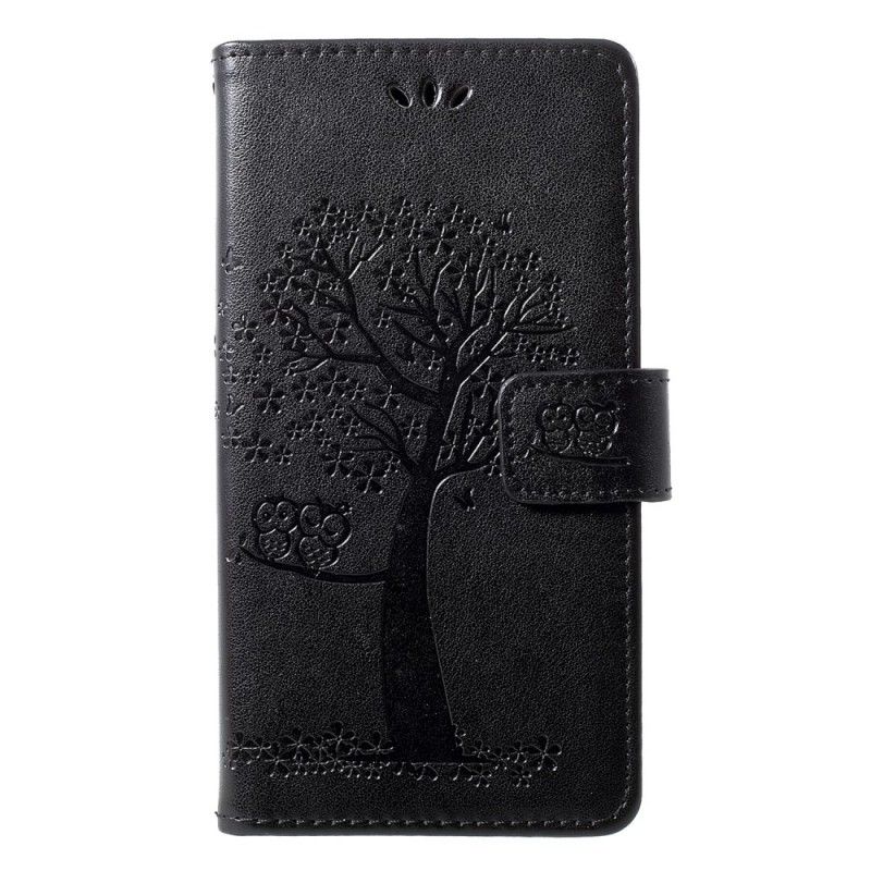 Flip Cover Læder Huawei P30 Lite Sort Træ Og Ugler Med Rem