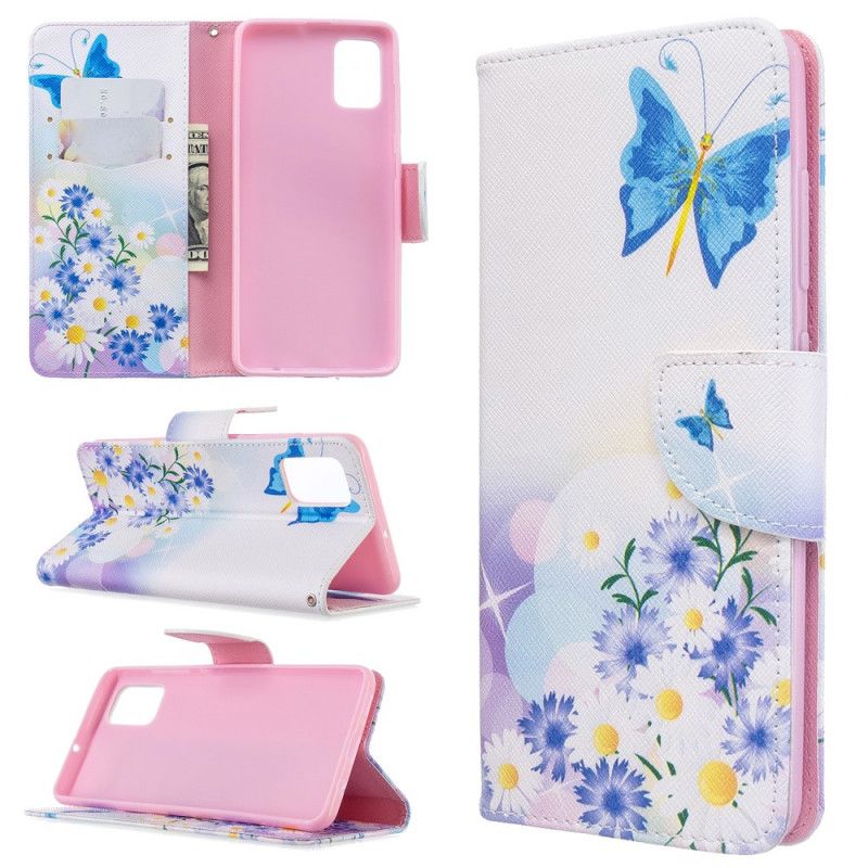 Flip Cover Læder Samsung Galaxy A51 Magenta Malede Sommerfugle Og Blomster