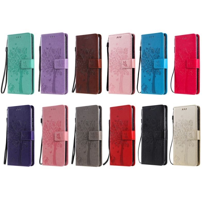 Flip Cover Honor 50 Lite Med Snor Træ Og Strappy Kat