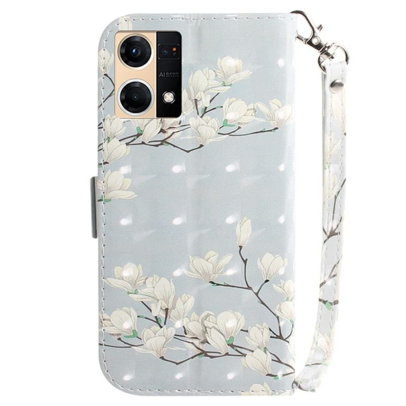 Flip Cover Oppo Reno 7 Gren Af Hvide Blomster