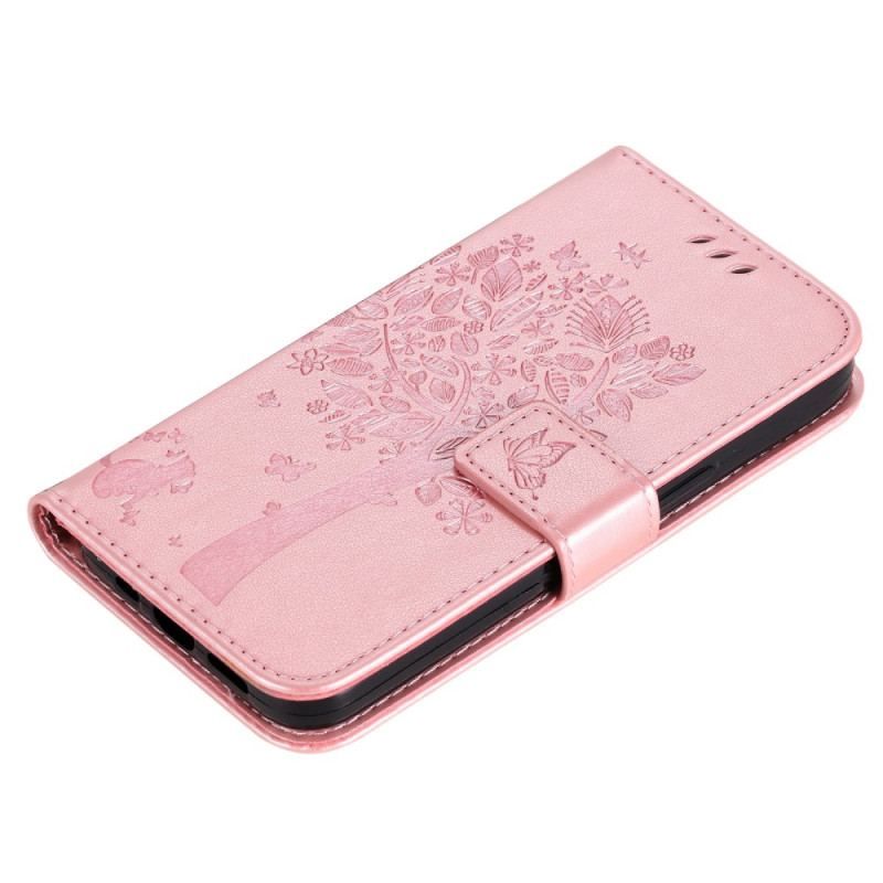 Flip Cover Oppo Reno 8 Med Snor Træ Og Strappy Kat