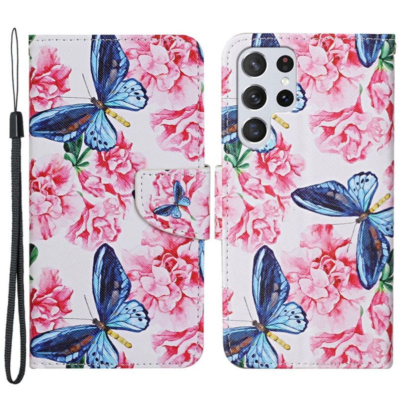 Flip Cover Samsung Galaxy S22 Ultra 5G Butterflies Floral Lanyard