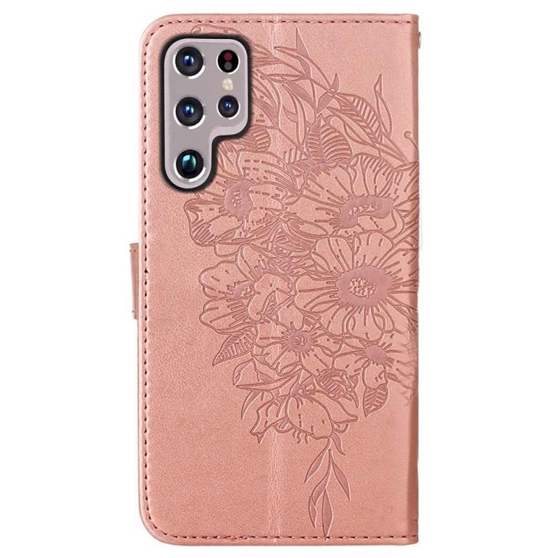 Flip Cover Samsung Galaxy S22 Ultra 5G Sommerfugledesign Med Snor