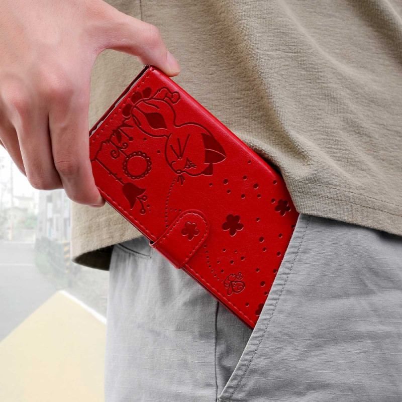 Læder Cover OnePlus Nord 2T 5G Med Snor Kat Og Bi Med Lanyard Kortholder