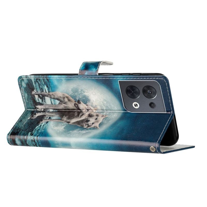 Læder Cover Oppo Reno 8 Med Snor Lanyard Wolf