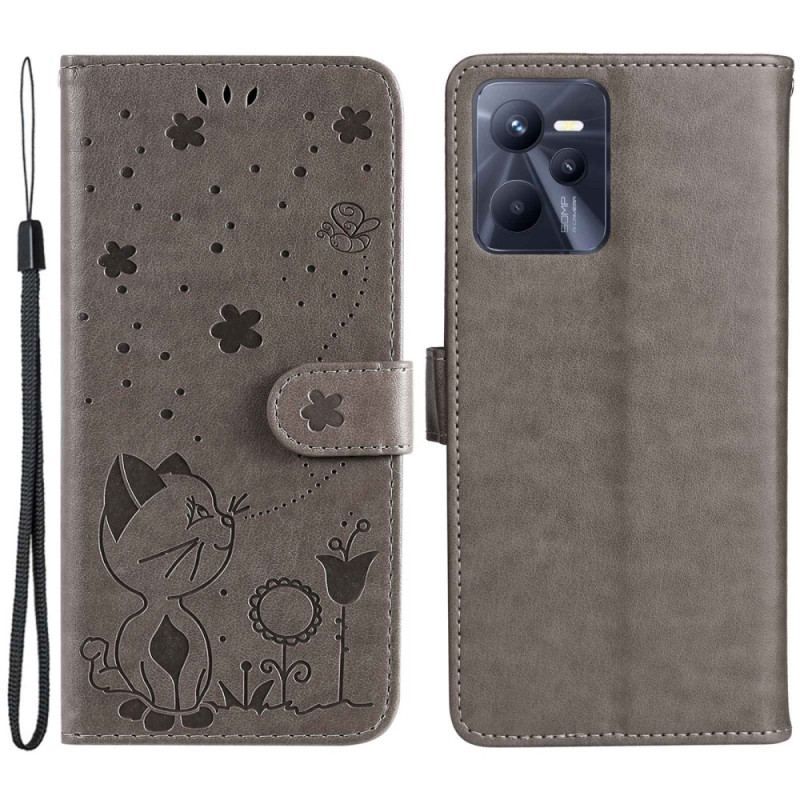 Læder Cover Realme C35 Med Snor Cat Flowers Bee Strappy